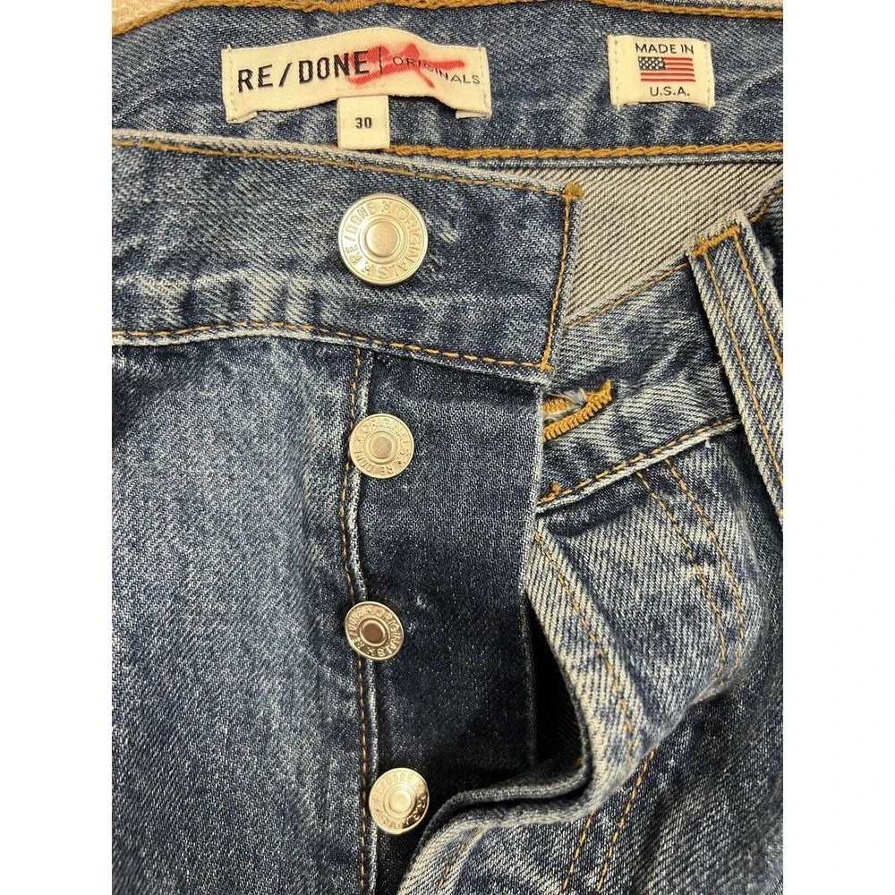 REDONE Originals High Rise Stove Pipe Cotton Button-Fly Raw Hem Blue Jeans 30‎